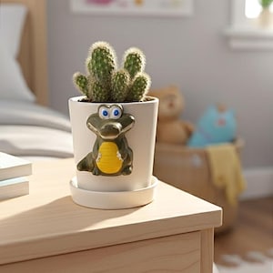 May include: A small cactus plant in a white ceramic pot with a cartoon alligator design. The pot sits on a matching saucer. The cactus has multiple green stems with small spines. The pot is on a light wood nightstand.