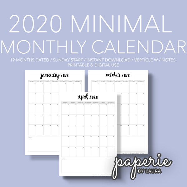2020 Vertical Monthly Calendar Printable Pack | Digital Planner | A4 and Letter | Printable Calendar | Minimalist, Notes | Instant Download