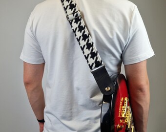 Handmade Black and White fabric Guitar Strap: Leather Ends, Picks Holder and free Headstock Adapter for Ukulele