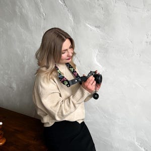 Stylish Camera Strap with Black Leather Ends, Soft and Durable Strap for Mirrorless or DSLR Cameras, Gift for Adventurers, Personalized Gift