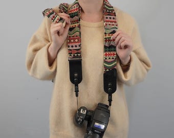 Soft Camera Strap with Leather, Accessory for DSLR & Mirrorless Cameras, Boho Camera Neck Strap, DSLR Strap Adjustable, Photographer Gift