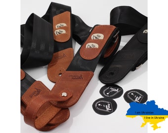 Tracolla per chitarra in nylon fatta a mano per chitarra acustica, elettrica, basso o ukulele, estremità in pelle e porta plettri, regalo perfetto, adattatore per paletta