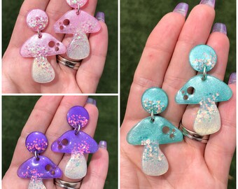 Pastel mushroom earrings, glitter mushroom earrings, dangle mushroom earrings, pastel toadstool earrings, toadstool dangle earrings