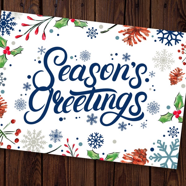 Christmas Holiday Decor, Festive Decorations, Seasons Greetings Card, Natural Wall Art Prints, Snowflake, Holly, Printable Instant Download