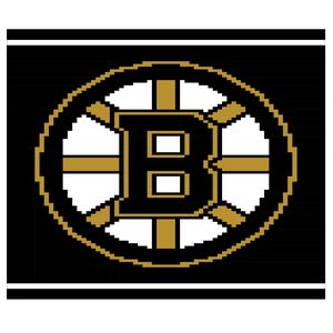 Op de afbeelding: Een gepixeld logo van de Boston Bruins ijshockeyteam. Het logo heeft een cirkelvormig embleem met een goud en wit ontwerp op een zwarte achtergrond. De letter "B" staat prominent in het midden, met horizontale en verticale gouden lijnen.