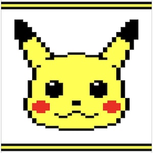 May include: Pixelated image of Pikachu, a yellow creature with black-tipped ears, black eyes, and red cheeks. The design is a simplified, blocky representation of the popular Pokémon character, set against a white background with yellow and black border stripes.