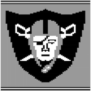 May include: A pixelated graphic of the Oakland Raiders logo. The logo features a pirate wearing an eye patch, set against a black shield with crossed swords. The background is grey with black and white border.