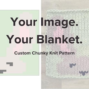 May include: A chunky knit blanket with a bunny face design. The blanket has a light green background with a pink and white bunny face. The text "Your Image. Your Blanket. Custom Chunky Knit Pattern" is also visible.