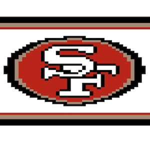 May include: Pixelated logo of the San Francisco 49ers football team. The logo features a red oval with a white "SF" emblem, outlined in black. The design is set against a white background, with horizontal stripes in red, black, and tan.