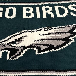 May include: A rectangular crochet blanket in dark teal, white, black, and grey. The text GO BIRDS is crocheted in white at the top. A large stylized eagle head graphic in white, black, and grey is centered on the dark teal background.