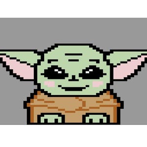 Peut inclure: Image pixélisée d'un personnage vert ressemblant à un extraterrestre, avec de grandes oreilles, des yeux noirs et un petit sourire. Le personnage porte une robe marron et se détache sur un fond gris. Illustration numérique.