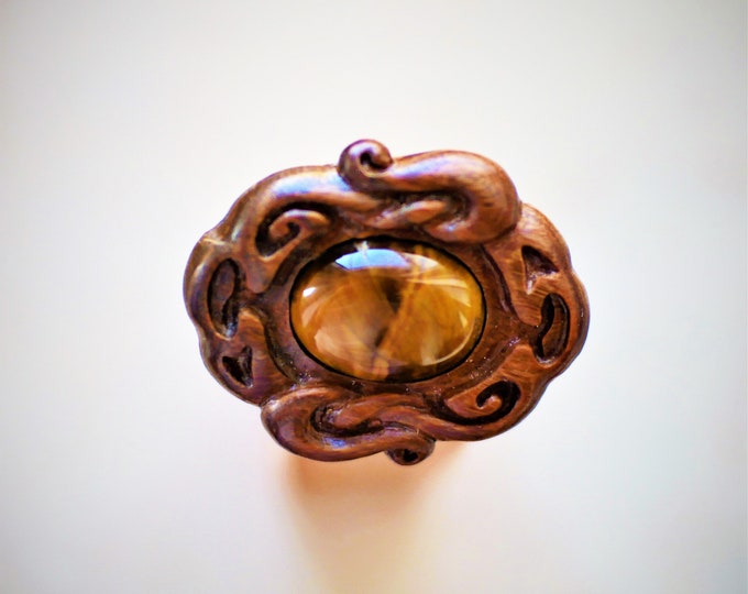 Tiger eye brooch Celtic brooch  Hand carved jewelry Dragon eye