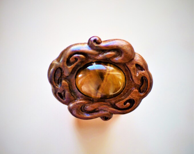 Tiger eye brooch Celtic brooch Hand carved jewelry Dragon eye