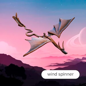 May include: A brown metal dragon wind spinner with a long tail, against a pink and blue sunset sky.