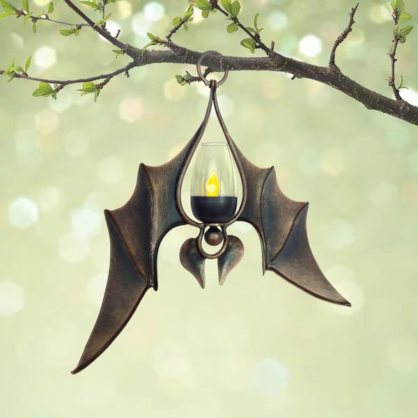 Metal Bat Garden Decor with Solar Lantern - Hanging Outdoor Bat Figurine for Porch, Balcony, or Yard