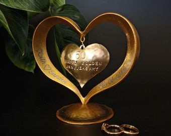 Regalo personalizzato per il 50° anniversario di matrimonio, cuore dorato forgiato, regalo per il 50° anniversario di matrimonio, regalo per l'anniversario di nozze d'oro
