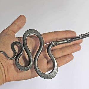 Pu&ograve; includere: Un gancio da parete in metallo forgiato a mano a forma di serpente sinuoso. L'oggetto in ferro grigio scuro e testurizzato presenta un corpo serpentino curvo con due fori di montaggio circolari e un gancio all'estremit&agrave;.