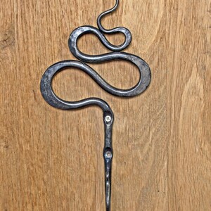Pu&ograve; includere: Un gancio da parete in metallo grigio scuro forgiato a mano, caratterizzato da un design decorativo a volute che ricorda un serpente nella parte superiore. Il gambo verticale presenta due fori per viti e un gancio curvo.