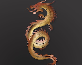 May include: A wall-mounted metal dragon sculpture featuring a gradient of copper, bronze, and gold tones. The dragon is depicted in a serpentine, coiled posture with visible scales, sharp claws, and a long, flowing tail against a dark background.