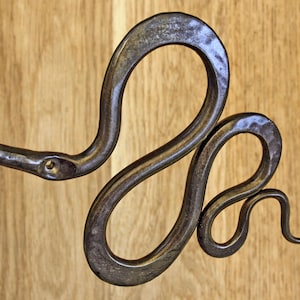 Pu&ograve; includere: Un gancio da parete in metallo martellato scuro a forma di serpente avvolto. Il metallo presenta una finitura testurizzata e usurata con un foro per vite visibile vicino alla testa del serpente. Il corpo si curva in due anelli distinti, terminando con una coda affusolata.