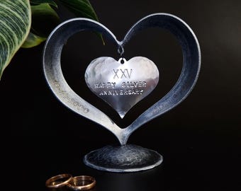 Regalo personalizado para el 25.º aniversario de bodas de plata, corazón de plata forjada, regalo para el 25.º aniversario de bodas, regalo para el aniversario de bodas de plata.