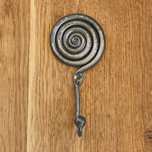 May include: A dark gray metal wall hook featuring a prominent circular spiral design at the top. The hook has a single mounting hole located just below the spiral and terminates in a small, rounded knob at the bottom for hanging items.