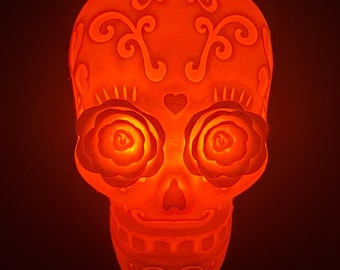 Calavera Sugar Skull Day of the Dead- 3D Printed Accent Lamp, Novelty Lamp, LED Light, Ambient Light, Small Accent Lamp, Decoration Gifts