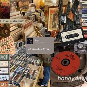 May include: A collage of vintage music memorabilia, including cassette tapes, vinyl records, and CDs. The image features a variety of artists, including The Smiths, The Beatles, and Mazzy Star. The text "Did I love a dream?" and "I just wanna be with you" are also visible.