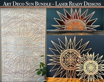 Art Deco Sun and Moon Bundle - SVG Laser cut Digital Download Files - Showstopper, 2 Sun Options, art deco candle holder/window shelf sitter