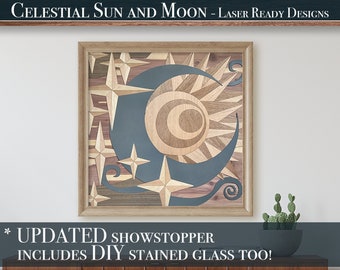 Celestial SVG Laser cut files for Glowforge projects with Sun Moon and Stars design  by Welcome Home Custom