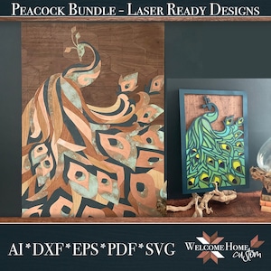 Peacock design SVG Laser Cut File Bundle showstopper with additional peacock stain glass wood project