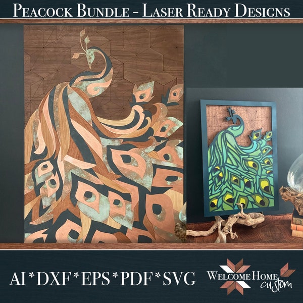 Peacock design SVG Laser Cut File Bundle showstopper with additional peacock stain glass wood project