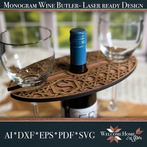 May include: A wooden wine butler with a geometric design, holding a bottle of wine and two wine glasses. The butler is laser cut and ready to be personalized with a monogram.