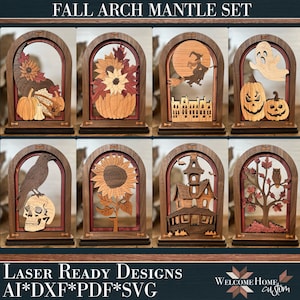 May include: A set of eight wooden arch mantle decorations with fall and Halloween themes. Designs include pumpkins, sunflowers, a witch, a ghost, a crow, a skull, a haunted house, and an owl. The text "FALL ARCH MANTLE SET" is at the top.