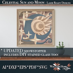 Celestial SVG Laser cut file showstopper | includes single line file and sorted by wood | Sun Moon and Stars design by Welcome Home Custom
