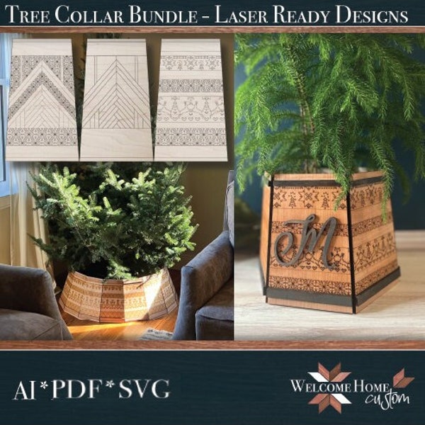 Tree Collar laser cut file bundle 3 Designs - Files for Glowforge and Lasers - AI PDF SVG - Christmas Tree Decor - Digital File Download