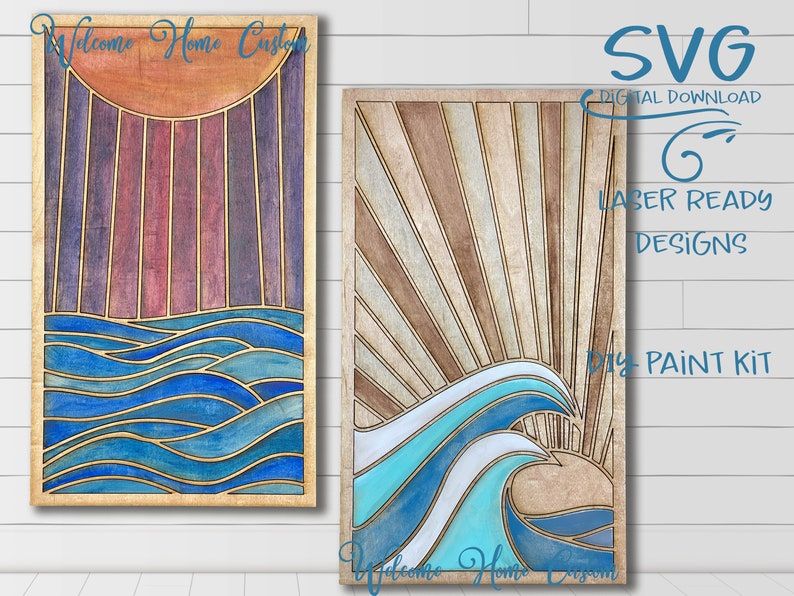 Ocean SVG Laser cut Files Sea at Day Sea at night Wood Quilt SVG DIY paint kit for make and take party Welcome Home Custom image 1