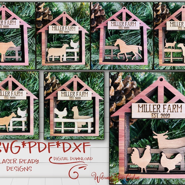 Barn Animal SVG PDF DXF laser cut file bundle - Pig, Goat, Chicken, Rooster, Cow, Horse, and more - Great Gift for Farm - Farmhouse ornament