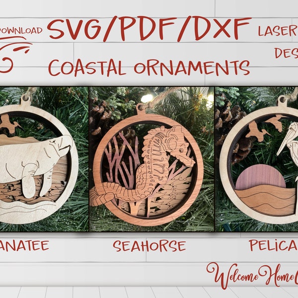 Coastal Sea Life Ornament laser cut files - Seahorse, Manatee, and Pelican bundle for Glowforge - PDF SVG DXF -  Digital File Download