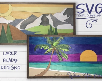 Combo SVG Laser Cut Files for lasers such as Glowforge Mountains and Palm Tree Beach Great for Online Paint Parties by Welcome home custom