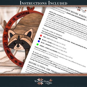 Instruction card explaining how to assemble the intarsia raccoon ornament pieces.