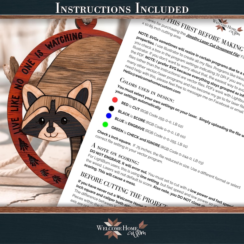 Instruction card explaining how to assemble the intarsia raccoon ornament pieces.