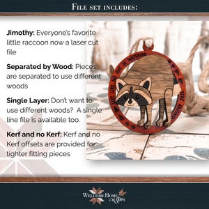 Listing details card describing the Jimothy file set, wood separation, single layer option, and kerf offsets.