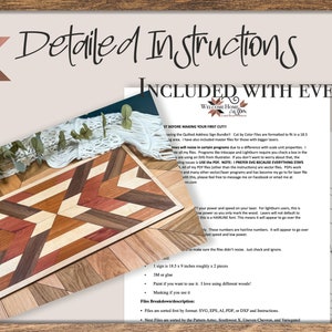 May include: A detailed instruction sheet for a woodworking project, featuring a geometric pattern made from different types of wood. The sheet includes instructions for cutting, assembling, and finishing the project. The sheet also includes a color planner for the project.