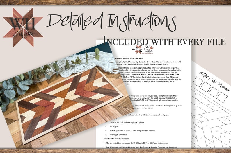 May include: A detailed instruction sheet for a woodworking project, featuring a geometric pattern made from different types of wood. The sheet includes instructions for cutting, assembling, and finishing the project. The sheet also includes a color planner for the project.