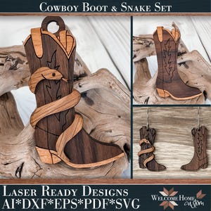 May include: Wooden cowboy boot and snake set. The set includes a large ornament with a snake wrapped around a boot, and two smaller boot ornaments. The boots are dark brown with lighter brown accents. The snake is light brown. The text "COWBOY BOOT & SNAKE SET" is at the top.
