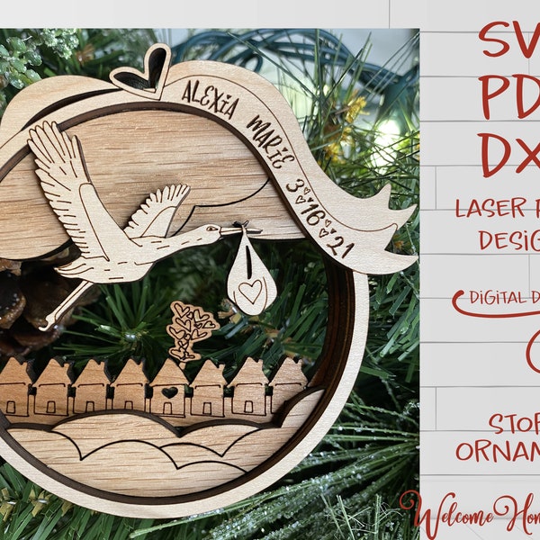 Stork Ornament SVG laser cut bestand - Geboorte aankondiging kerstornament Glowforge - Baby First Ornament - Digitaal bestand Download PDF DXF