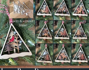 Ornaments SVG laser cut files - Animals at first snow for Lasers - Cardinal, Owl, Deer, Fox, Wolf,  Baby first ornament, wedding ornament