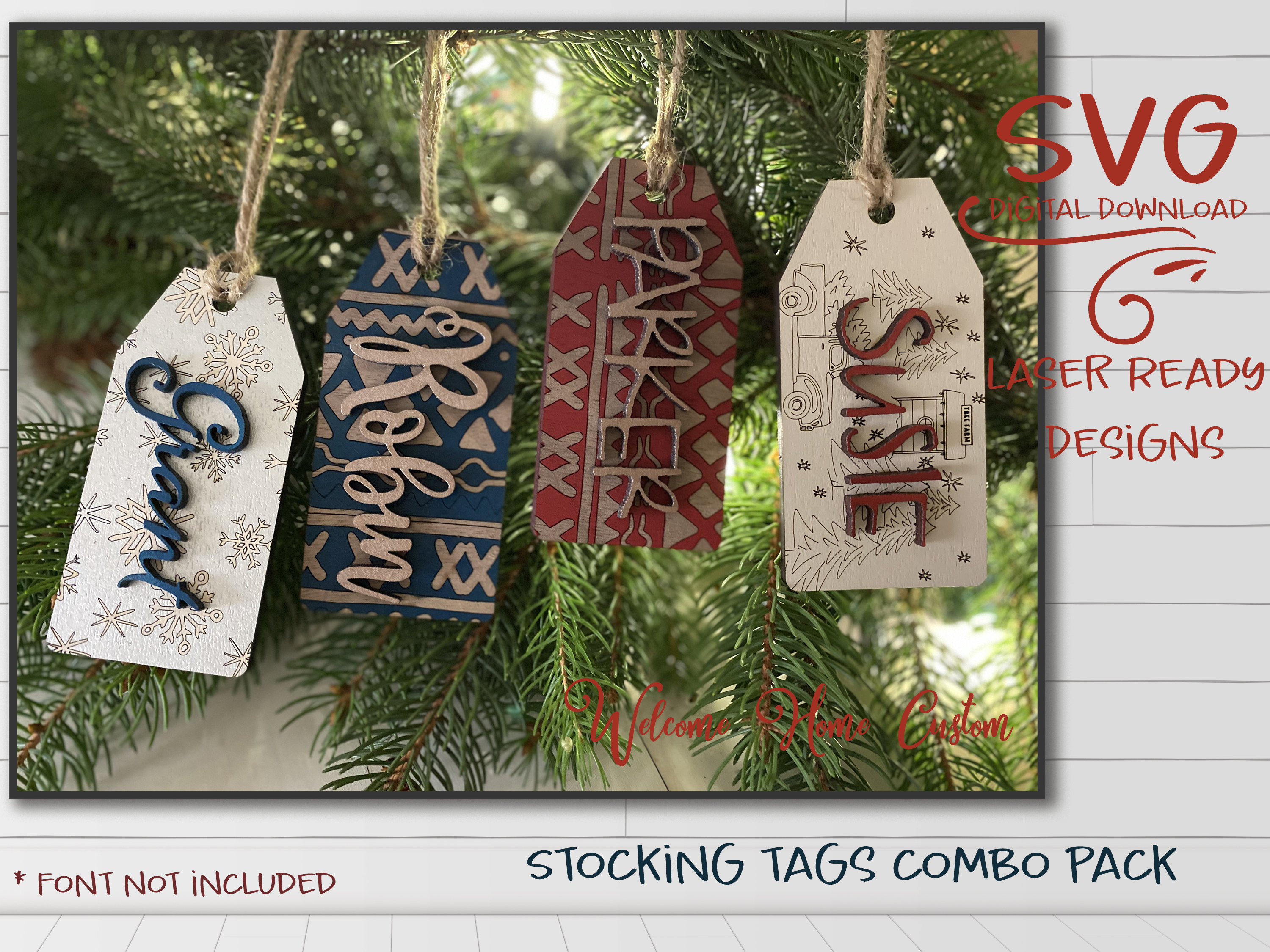 Christmas Stocking Name Tag With Truck and Snow Scene Name Place Cards Personalized Christmas Gift Tags Laser Cut Wooden Gift Tags