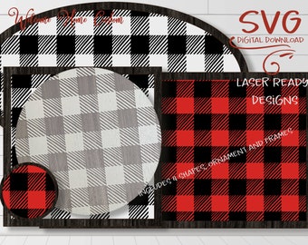 Bundle Buffalo plaid SVG laser cut files for Glowforge - Digital Download - Circle, Square, Oval, Rectangle, Square, and Ornament with frame